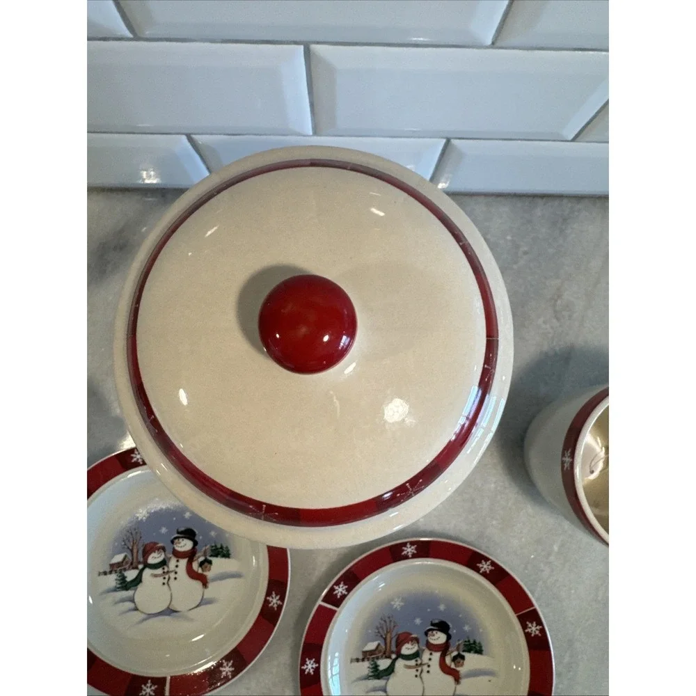 VTG Royal Seasons Holiday Snowmen Stoneware Canister Cookie Jar Snack Set GW0021